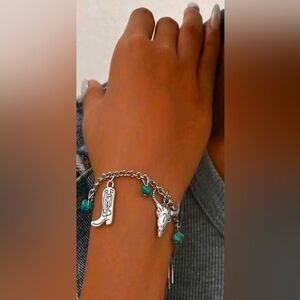 Western Silver Charm Bracelet with Turquoise Accent Cowgirl Jewelry
